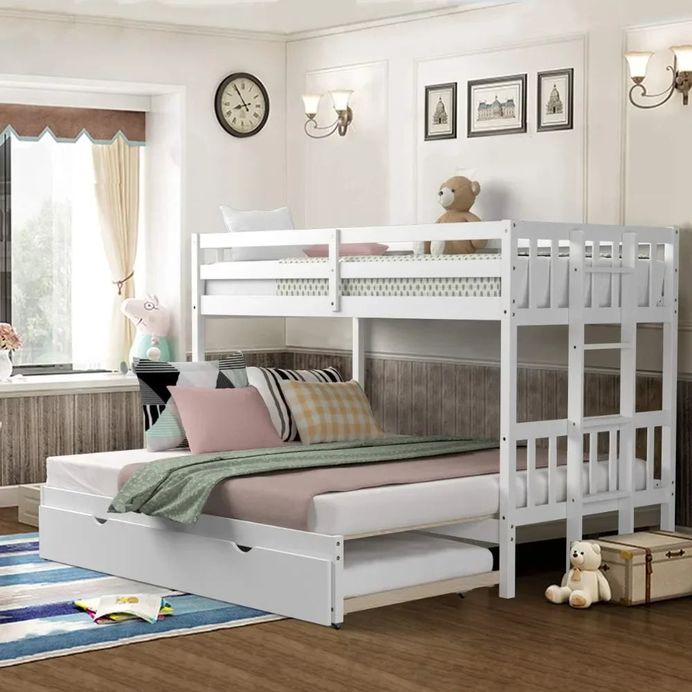 Twin Over Pull-Out Bunk Bed with Trundle, Extendable, Solid Wood Bed with Ladder & Safety Rail, for Kids Adults Teens, Bunk Beds