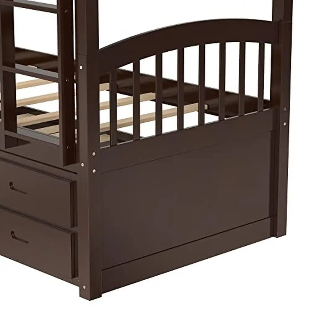 Solid Wood Twin Bunk Bed with Trundle 3 Drawers & Guardrail Sturdy Espresso Frame Kids Teens Adults Separate Beds Option 79.5''L