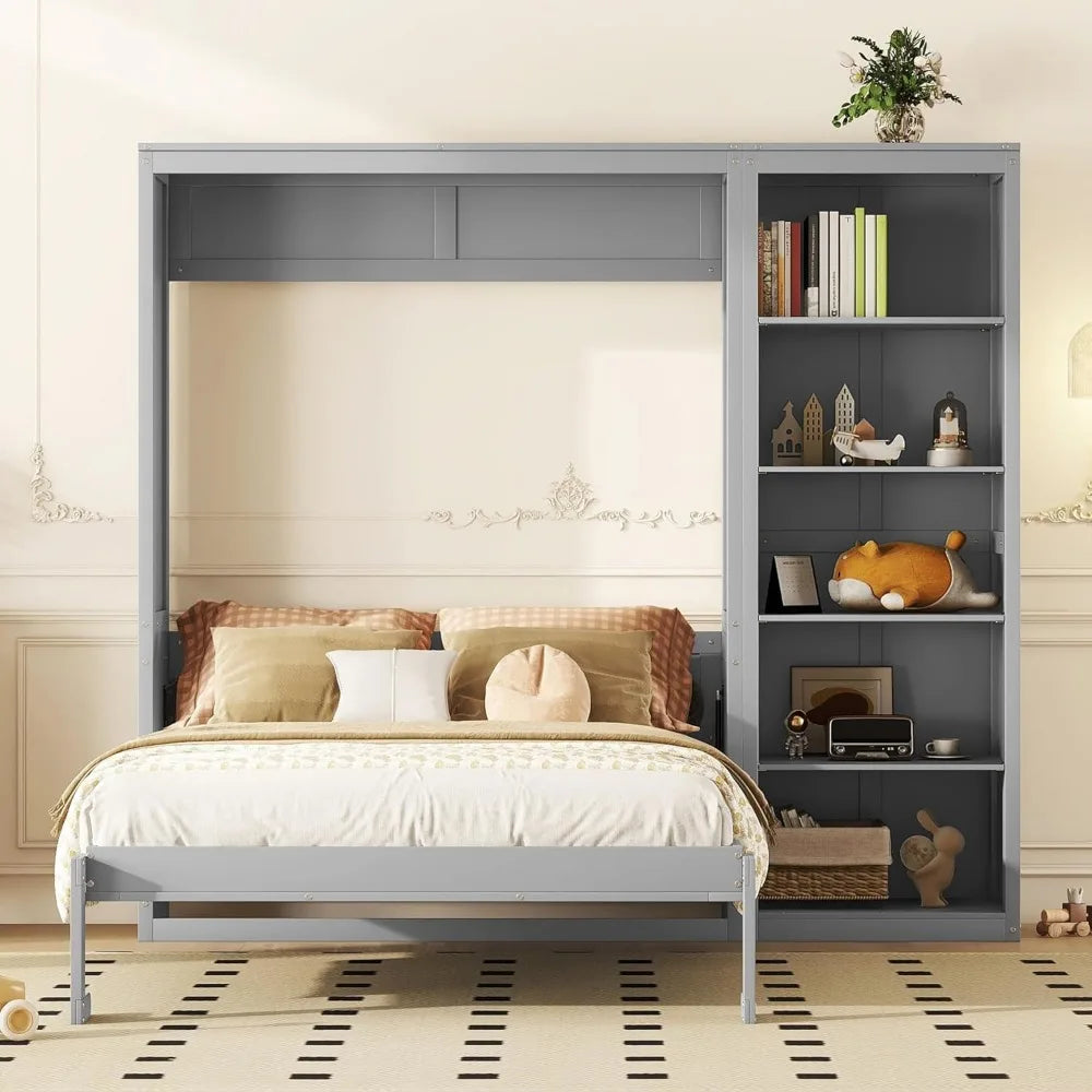 King size Murphy bed, wooden queen wall bed frame with shelves, queen size Murphy cabinet bed, suitable for home, office