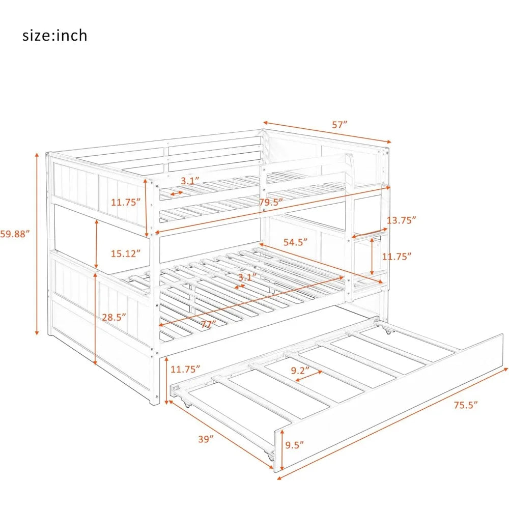 Full Over Bunk Beds, Solid Wood Bed with Trundle/Ladder/Safety Rail, for Kids Teens and Adults, Space Saving Bedroom Furniture