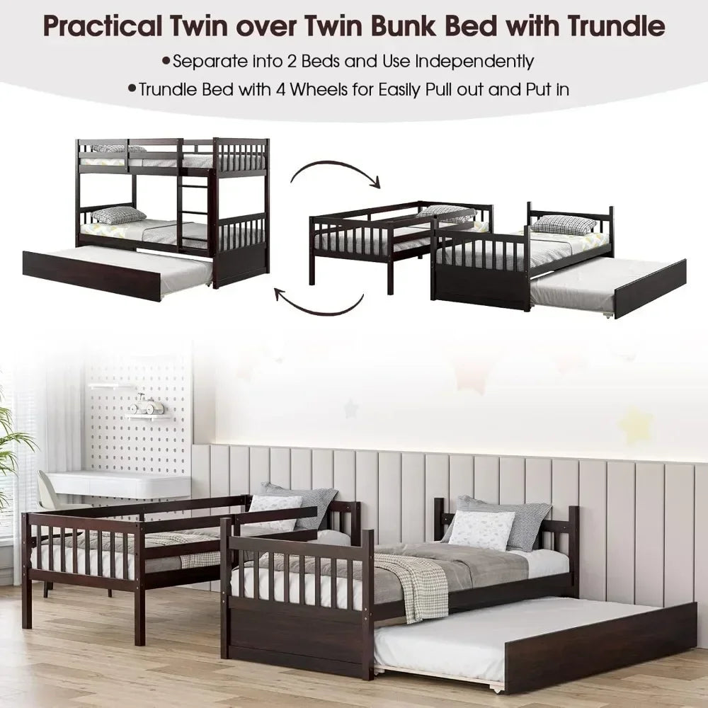 Bunk Bed ,with Trundle, with Ladder & Solid Wood Frame, Space-Savingfor Teens & Adults, Convertible Platform Bed Frame