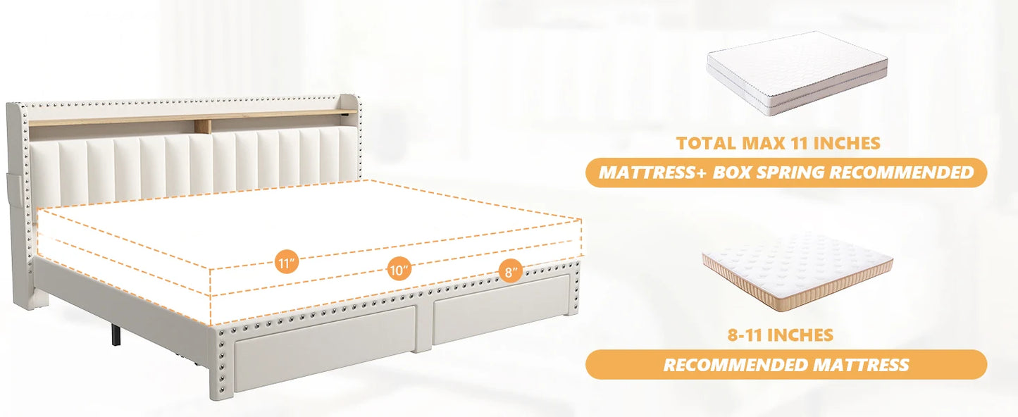 King Size Bed Frame with Storage and Headboard, Bed Frame with 2 Drawers and Storage, NO Noise,No Box Spring Needed