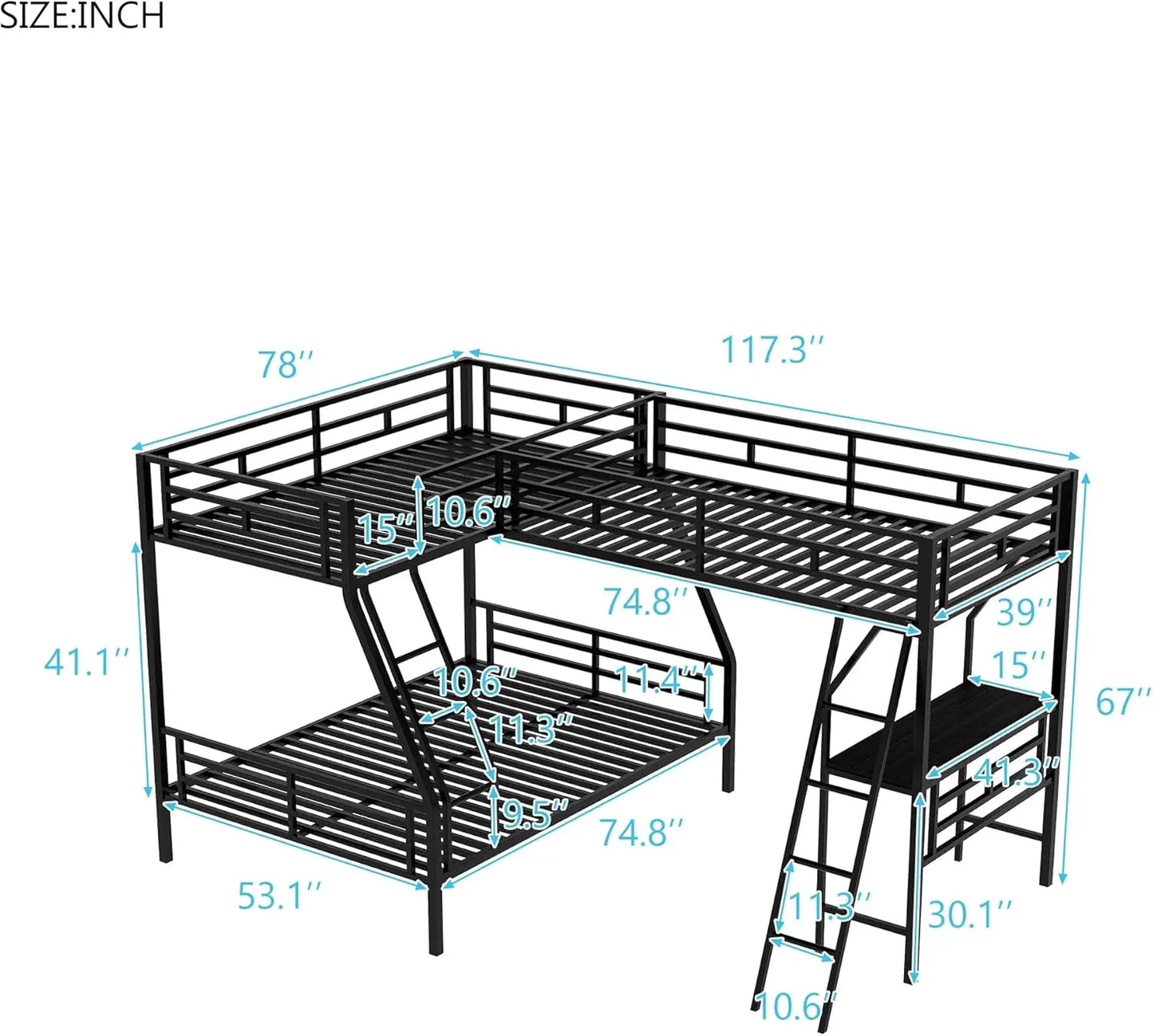 L-Shaped Metal Corner Bunk Bed with Loft Built-in Shelves Twin Over Full Black No Box Spring Needed 117"L x 77.9"W x 57.7"H