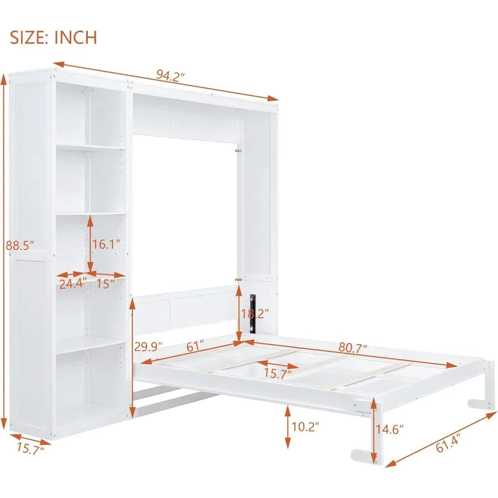 King size Murphy bed, wooden queen wall bed frame with shelves, queen size Murphy cabinet bed, suitable for home, office