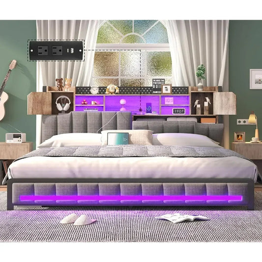 King Bed Frame and Bookcase Storage Headboard, LED Upholstered Bed Frame with Charging Station, Light Up Platform Bed Frame