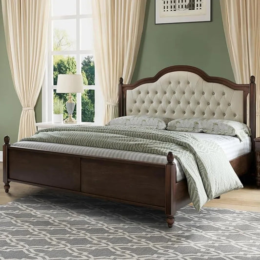 King Size Solid Wood Bed Frame, Transitional Platform Bed with  Upholstered Tufted Headboard, Rubberwood/Roman Column Accents