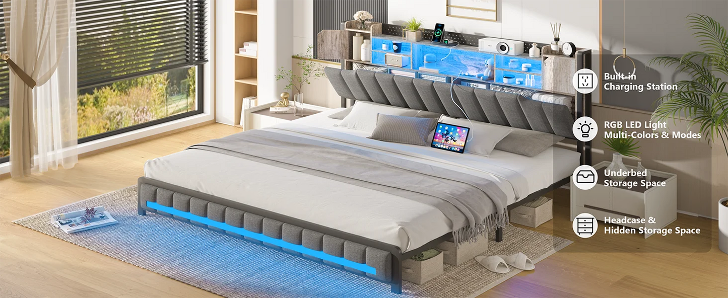 King Bed Frame and Bookcase Storage Headboard, LED Upholstered Bed Frame with Charging Station, Light Up Platform Bed Frame