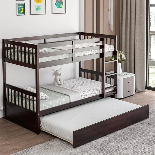 Bunk Bed ,with Trundle, with Ladder & Solid Wood Frame, Space-Savingfor Teens & Adults, Convertible Platform Bed Frame