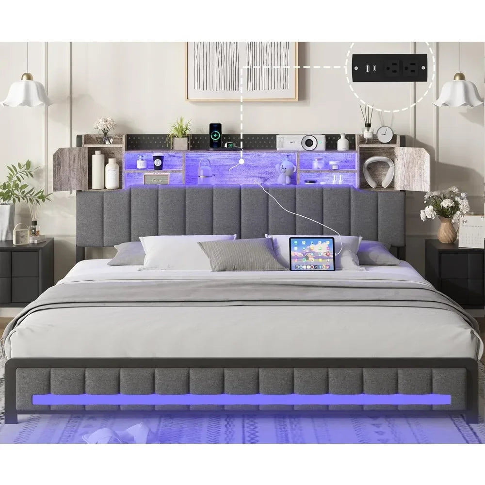 King Size Bed Frame and Bookcase Storage Headboard, LED Upholstered Bed Frame King with Charging Station, Light up King Size