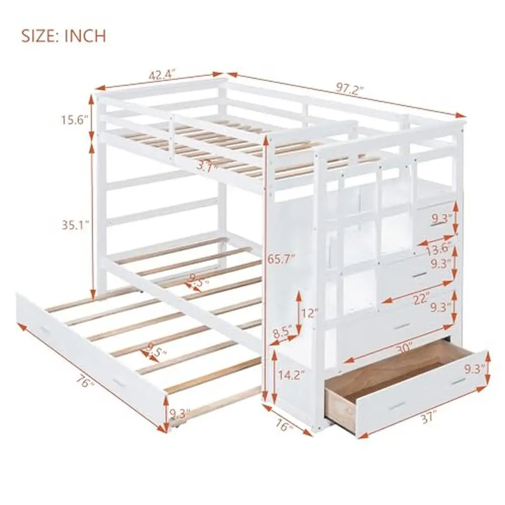 Solid Wood Twin Over Twin Bunk Bed with Trundle Storage Stairs and High Rails Kids Teens Adults Natural White 400lbs Capacity