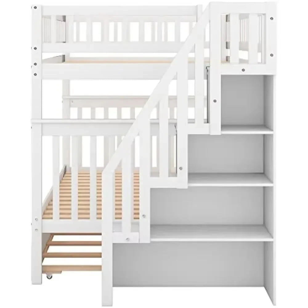 Bunk Beds, Full Over Full Bunk Bed with Trundle Bed, Wooden Bunk Bed with Staircase and Guardrail, Kids, Teens, Adults, Beds