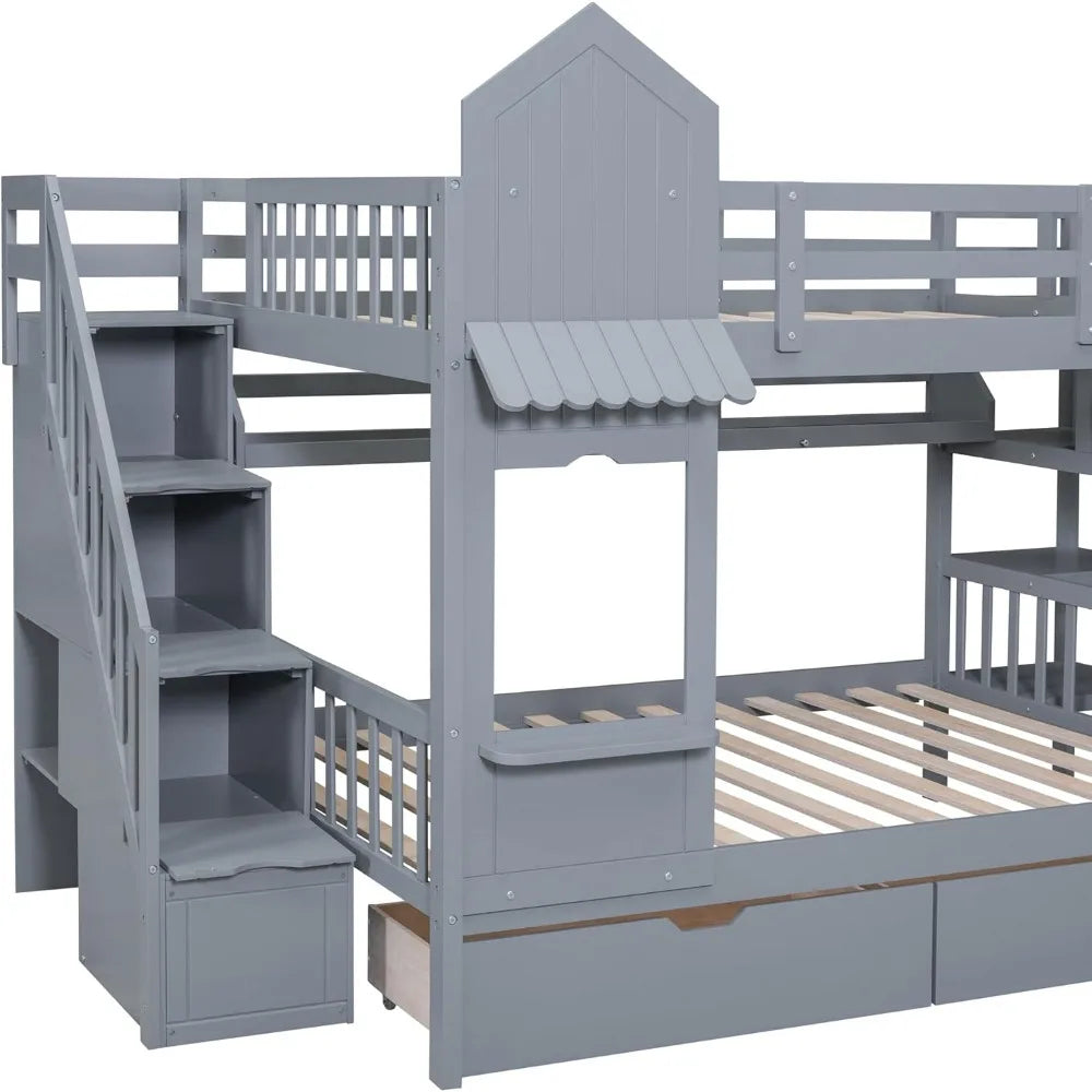 Kids Bunk Bed with Stairs & Slide, Wooden Full Over Full Bunk Bed with Storage, Castle Style Bunk Beds for Kids Teens Girls Boys