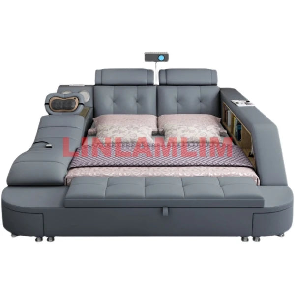 Genuine Leather Bed Multifunctional Beds Ultimate Camas Massage Bed Upholstered Lit with Bluetooth,Speaker,Massager,Projector,Mi