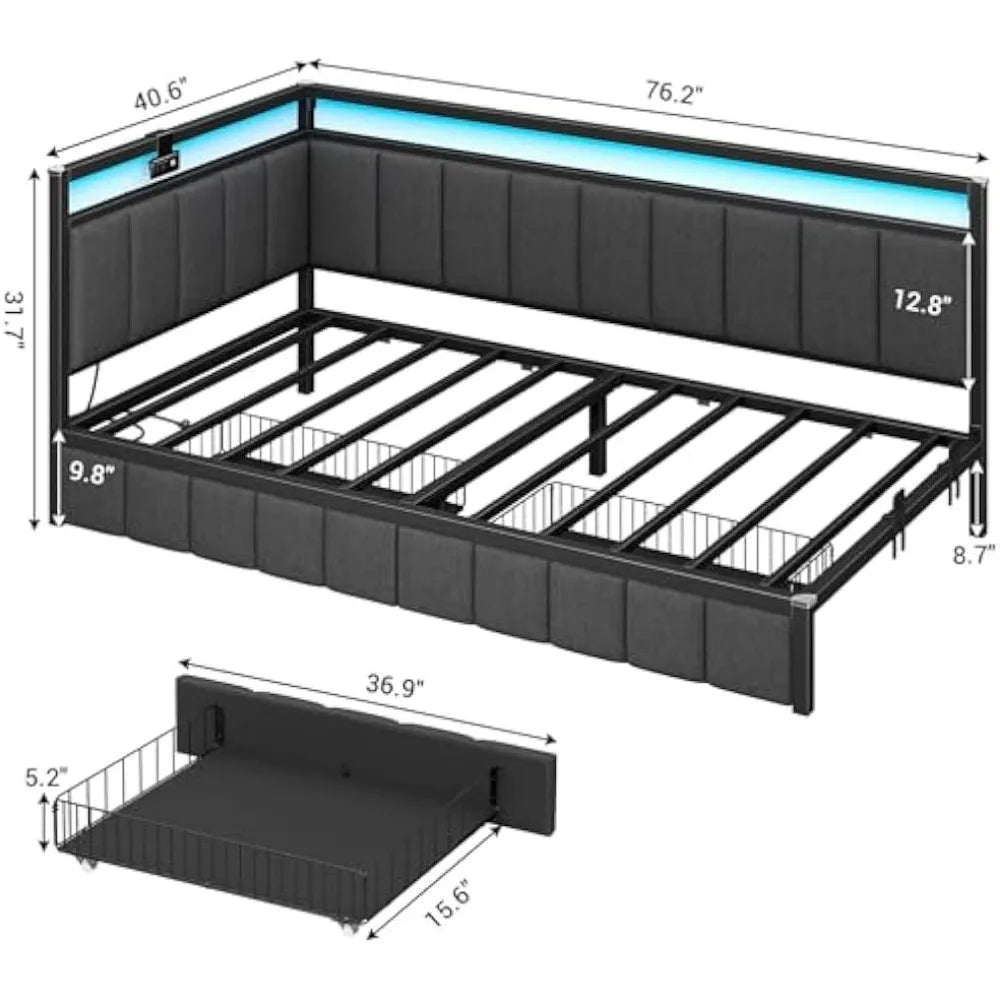 Bed Frame Twin Size with LED Light and Charging Station, Line Fabric Upholstered Twin Bed with 2 Underbed Storage Drawers