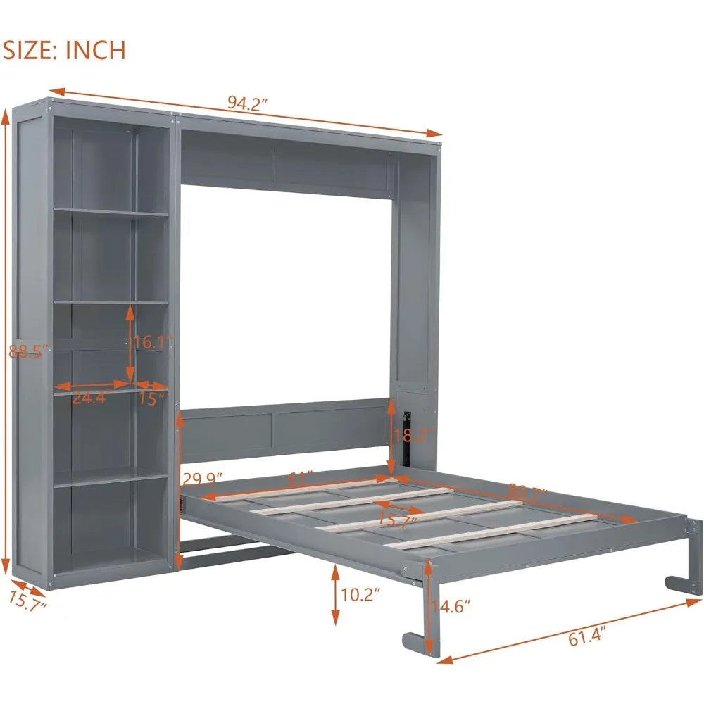 King size Murphy bed, wooden queen wall bed frame with shelves, queen size Murphy cabinet bed, suitable for home, office