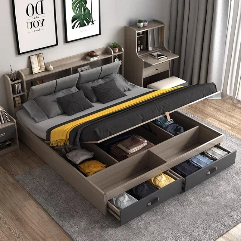 Nordic Modern Double Bed Simple Storage Small Apartment Box Bed Tatami Board Cama Bedroom Set Furniture Queen