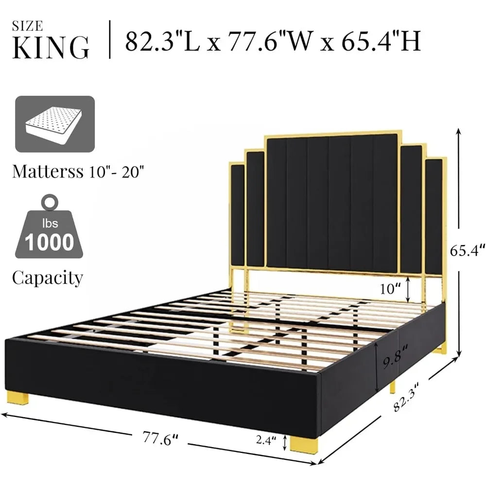 King Size Platform Bed Frame, 65" Velvet Upholstered Bed with Gold Trim Headboard/Wooden Slats