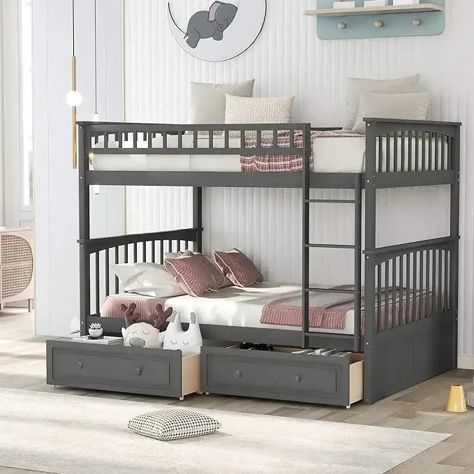 Twin Over Twin/Full Over Full Bunk Bed w/ Storage Drawers, Wooden Bunk Bed w/ Rail Ladder,Can be Convertible to 2 Beds,Grey/Whie