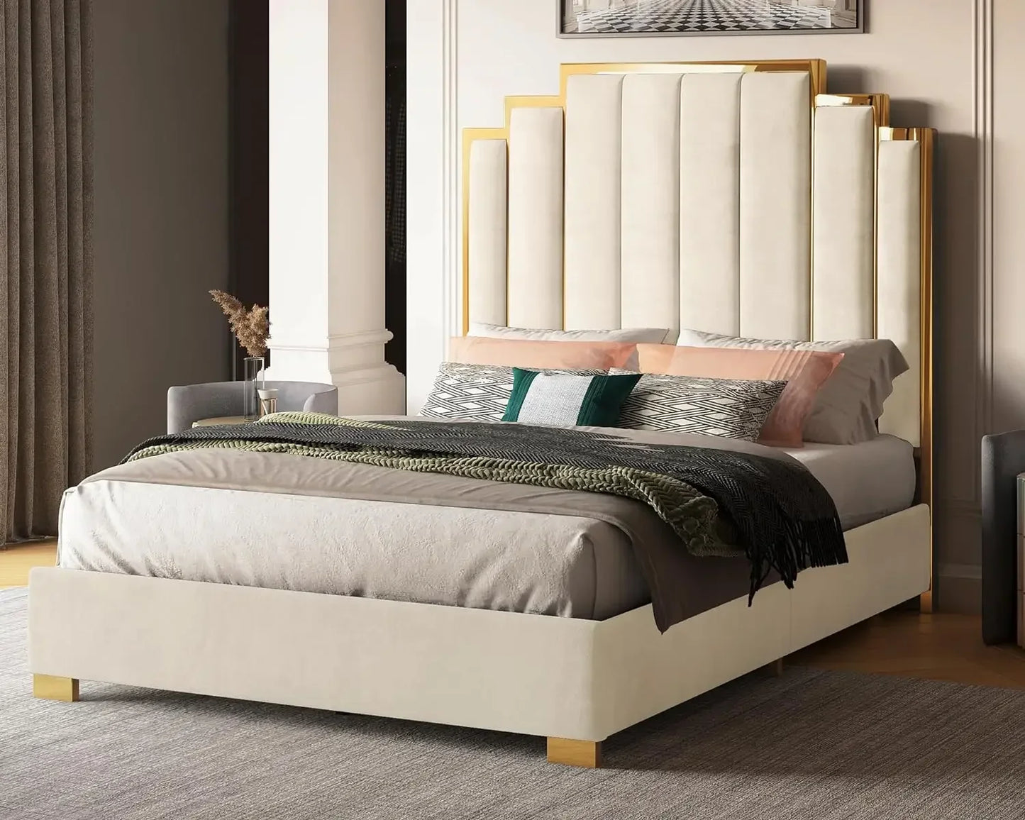 King Size Platform Bed Frame, 65" Velvet Upholstered Bed with Gold Trim Headboard/Wooden Slats