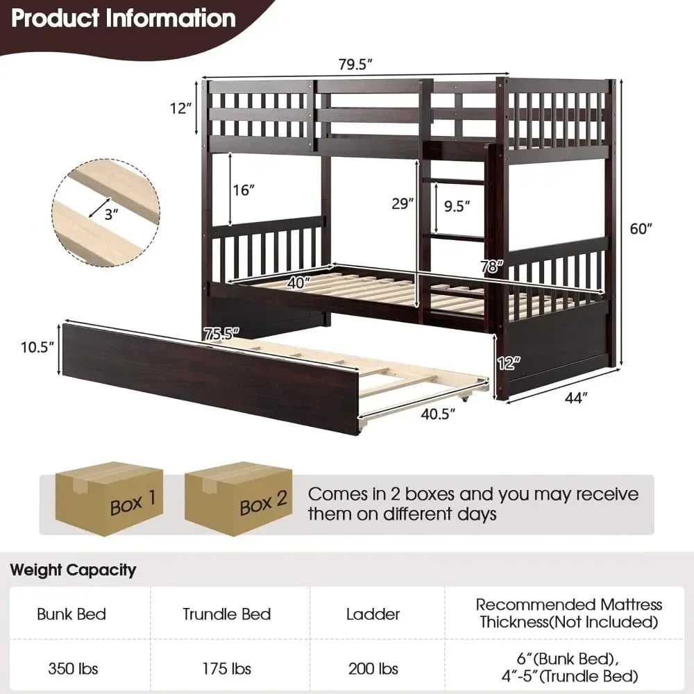 Bunk Bed ,with Trundle, with Ladder & Solid Wood Frame, Space-Savingfor Teens & Adults, Convertible Platform Bed Frame