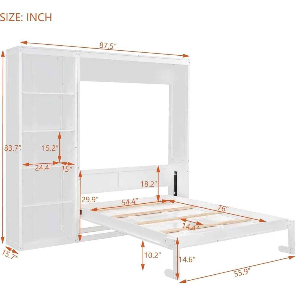 King size Murphy bed, wooden queen wall bed frame with shelves, queen size Murphy cabinet bed, suitable for home, office