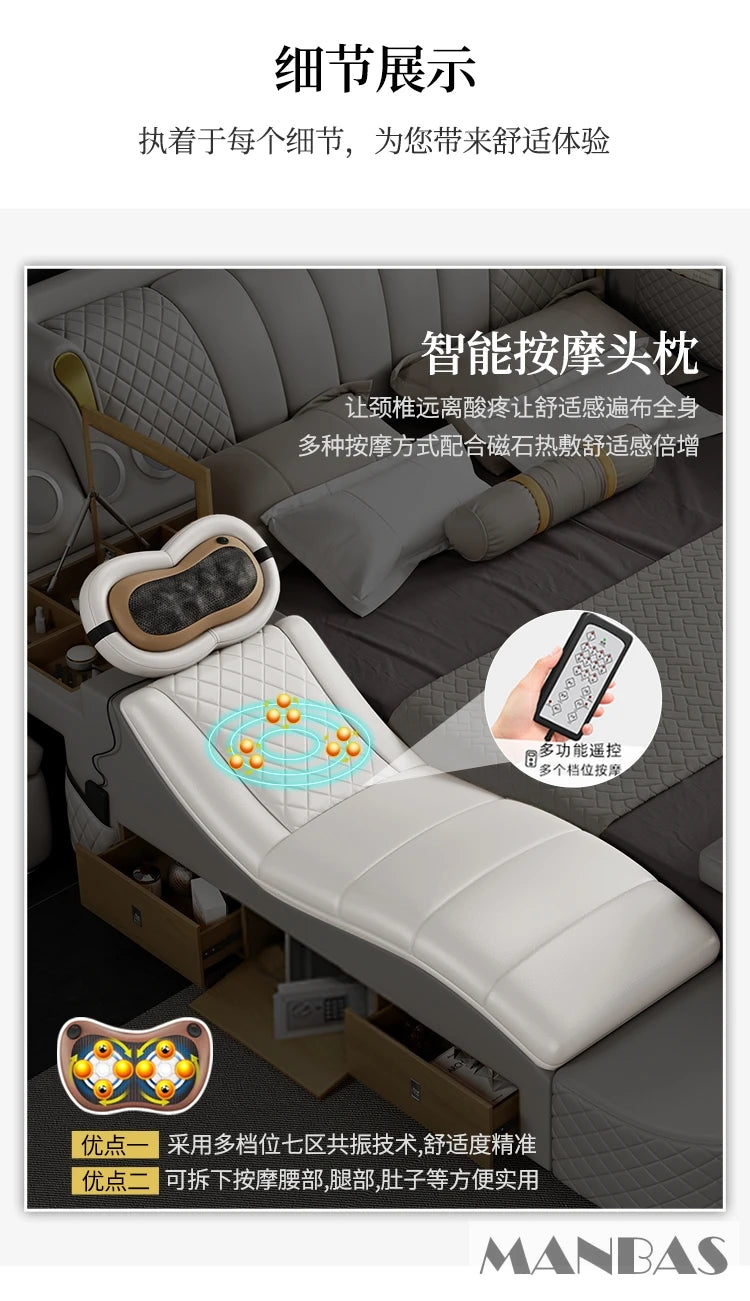 Tech Smart Bed 2 People with King Size Bed Frame Queen, Genuine Leather, Massage, USB, Bluetooth Speaker, and Safe By MINGDIBAO