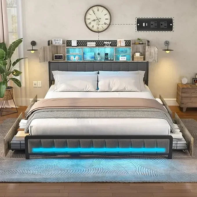 Queen Bed Frame, with 4 Storage Drawers and Bookcase Headboard, Upholstered LED Bed with Type-C & USB Charging Station, Bed