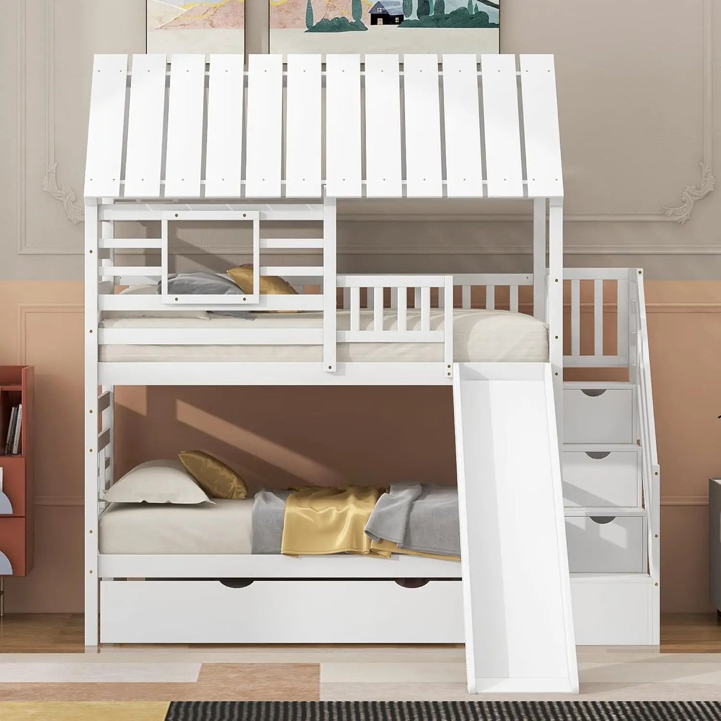 Kids Twin Over Twin Bunk Beds with Slide and Trundle, Bed Frame with Stairs and Storage, Playhouse Bunk Bed with Roof and Window