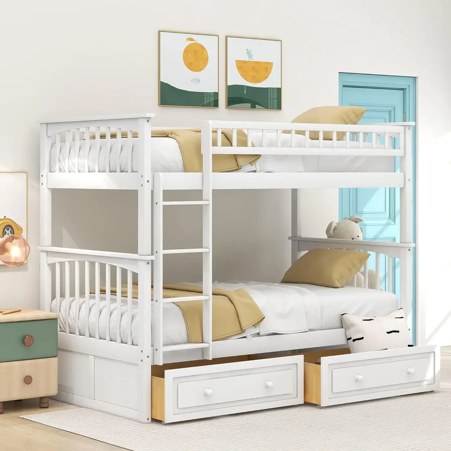 Twin Over Twin/Full Over Full Bunk Bed w/ Storage Drawers, Wooden Bunk Bed w/ Rail Ladder,Can be Convertible to 2 Beds,Grey/Whie