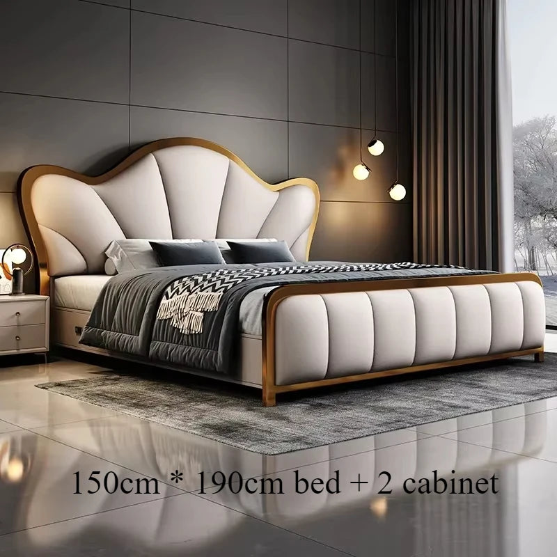 Nordic Luxury Double Bed Modern Wood High End Headboard Frame Double Bed Wedding Confortable Leather Cama De Casal Furnitures