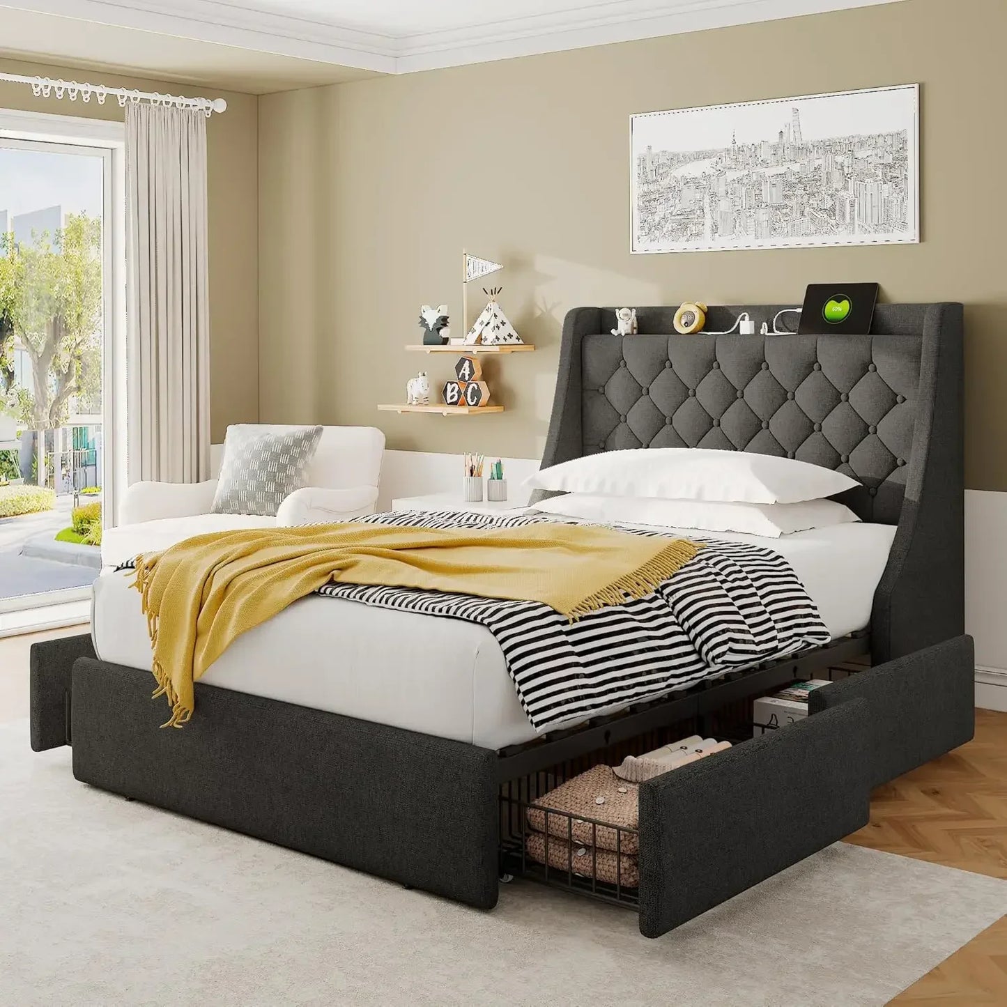 King Bed Frame with 4 Storage Drawers, USB Ports, Wingback Storage Headboard, Solid Wood Slats, No Box Spring Needed, Bed Frame