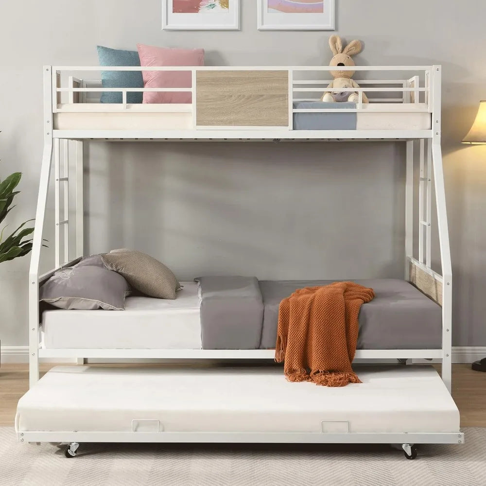 Twin Over Full Bunk Bed with Trundle, Metal Bunk Bed Frame with Safety Guardrail and 2 Ladder for Kids, Adults, Bedroom, No