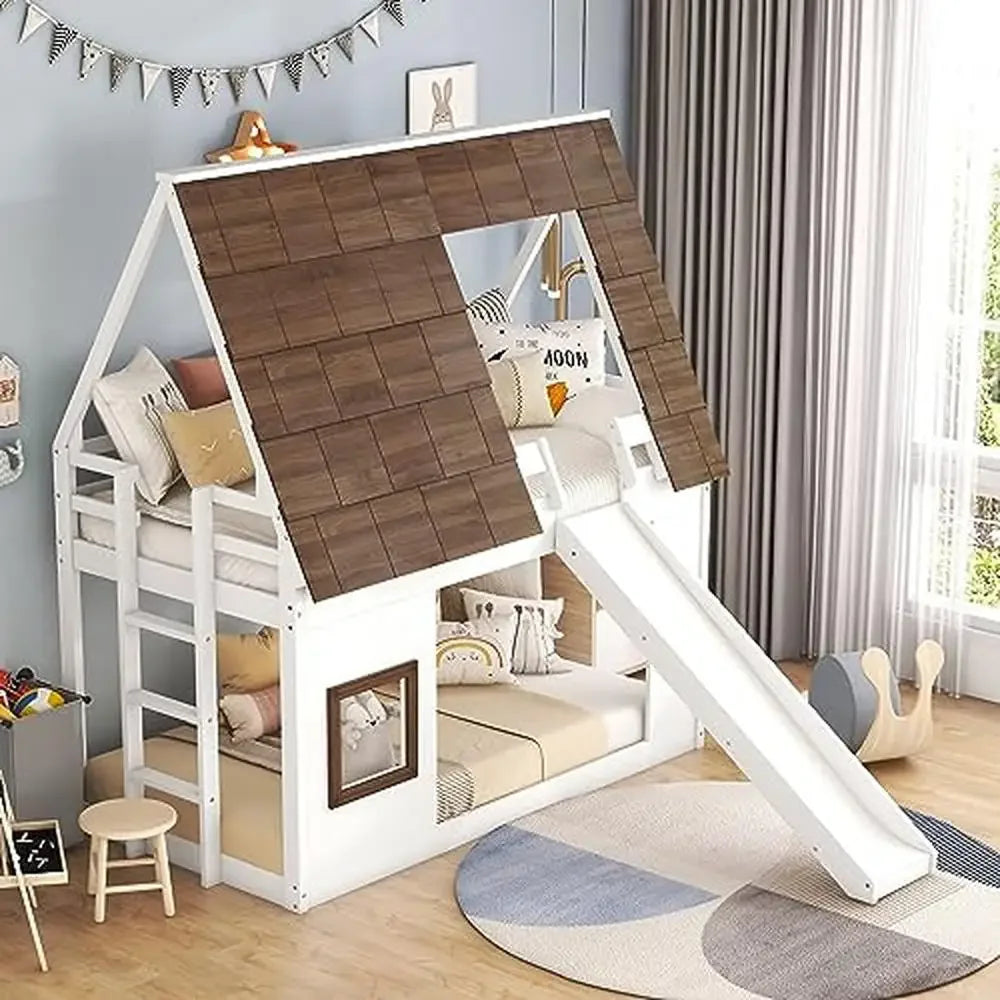 Modern Twin Size House Bunk Bed Frame with Slide Roof Ladder & Spindles No Box Spring Needed White/Brown Easy Assembly 250lb