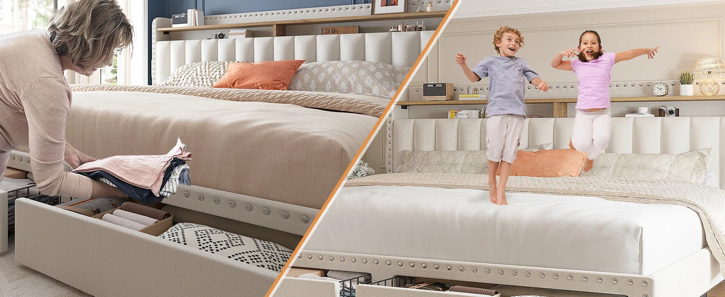 King Size Bed Frame with Storage and Headboard, Bed Frame with 2 Drawers and Storage, NO Noise,No Box Spring Needed