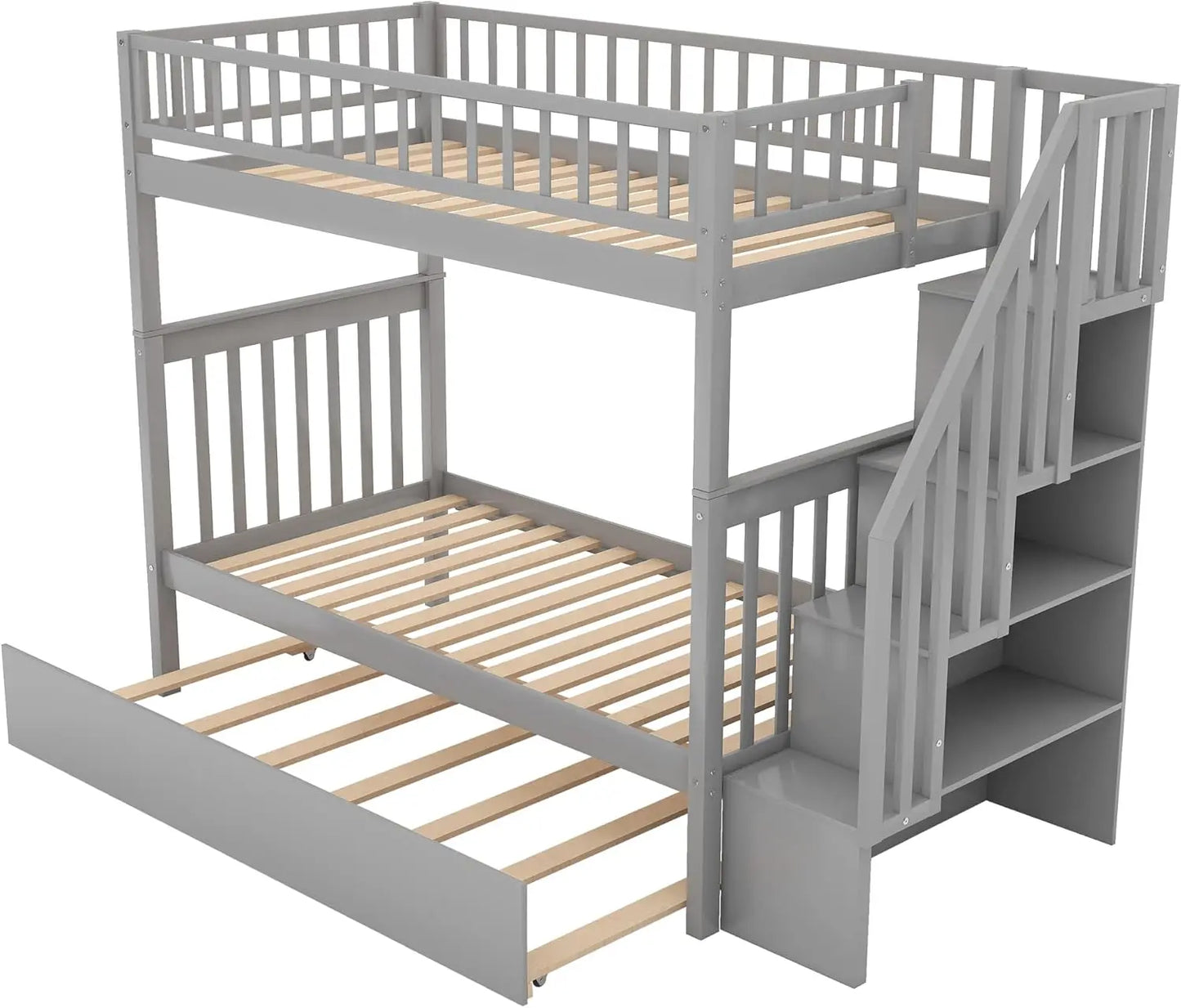 Bunk Beds Twin Over Twin Size, Solid Wood Bunk Beds with Trundle and Stairs for Kids,Toddler,Teens,Adults (Grey, Bunk Bed)