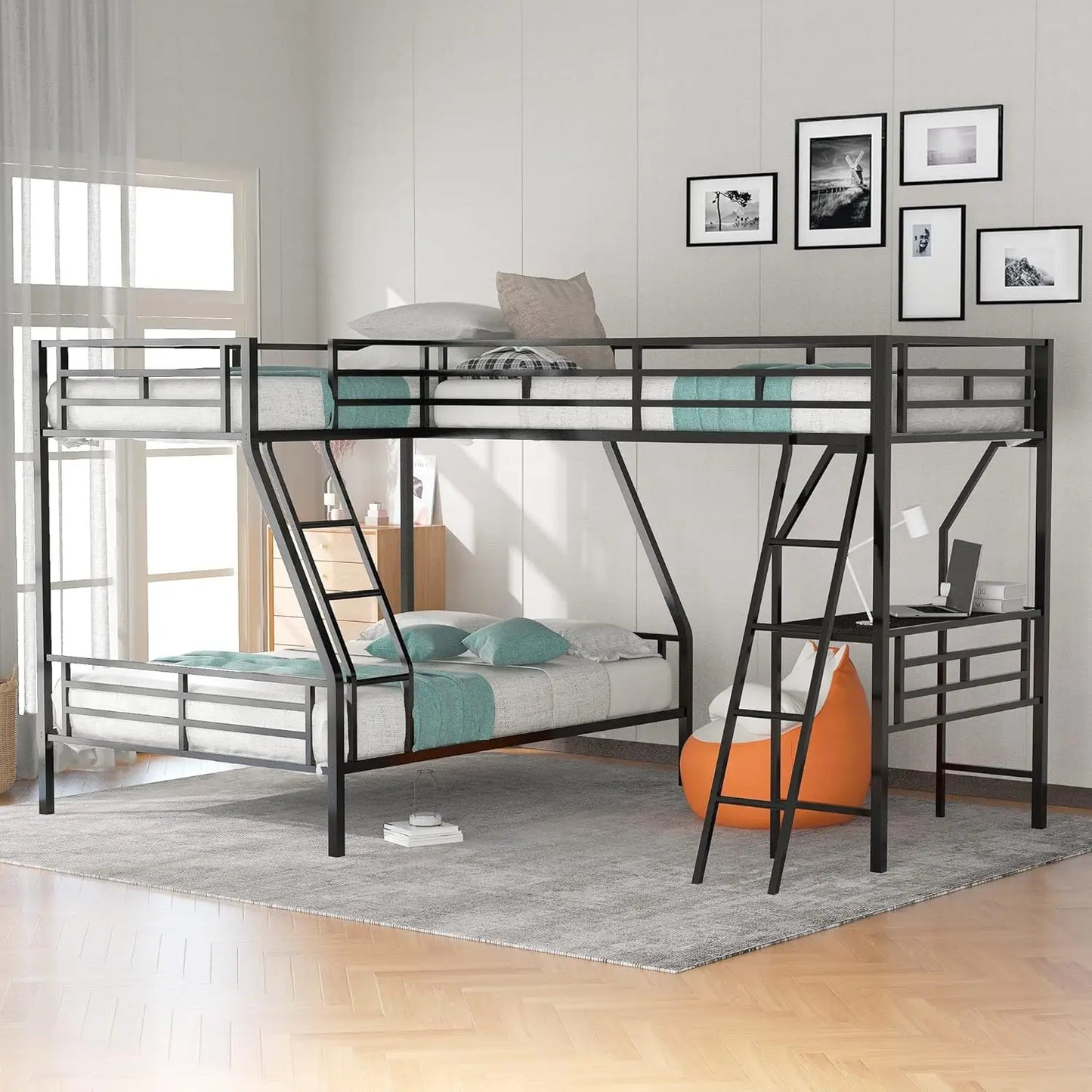 L-Shaped Metal Corner Bunk Bed with Loft Built-in Shelves Twin Over Full Black No Box Spring Needed 117"L x 77.9"W x 57.7"H