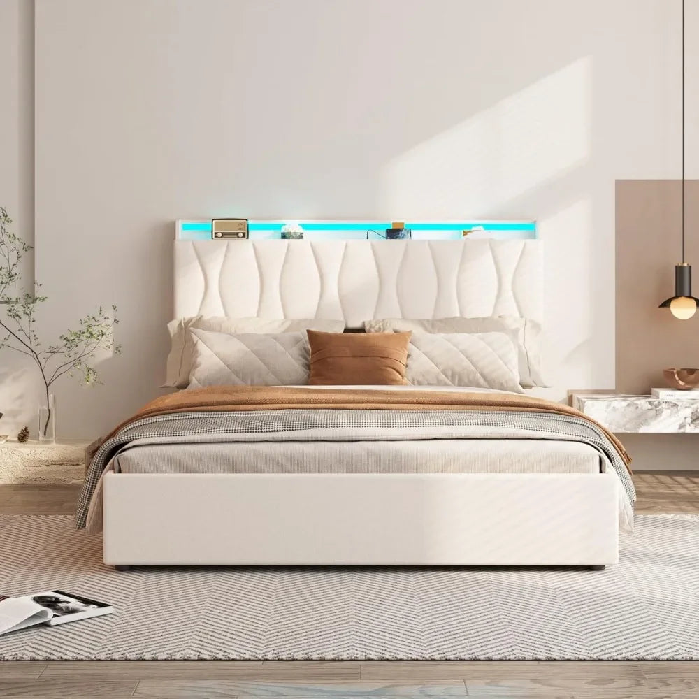 Queen Lift Up Storage Bed Frame with Adjustable Headboard, Charging Station, LED, Wood Slats, No Box Spring Needed, Bed Frame