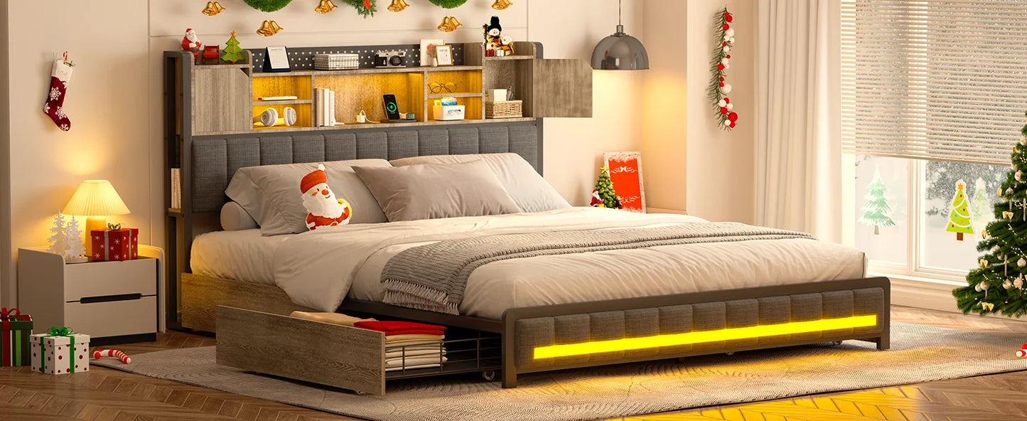 Queen Bed Frame, with 4 Storage Drawers and Bookcase Headboard, Upholstered LED Bed with Type-C & USB Charging Station, Bed