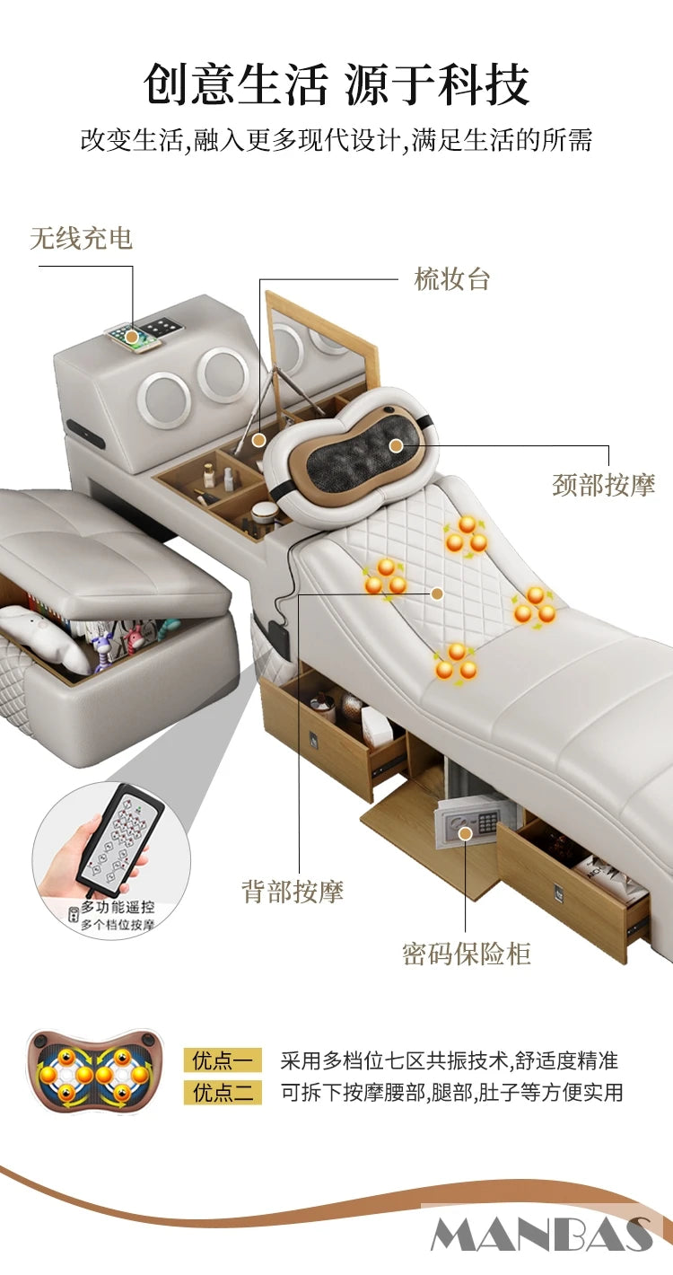 Tech Smart Bed 2 People with King Size Bed Frame Queen, Genuine Leather, Massage, USB, Bluetooth Speaker, and Safe By MINGDIBAO