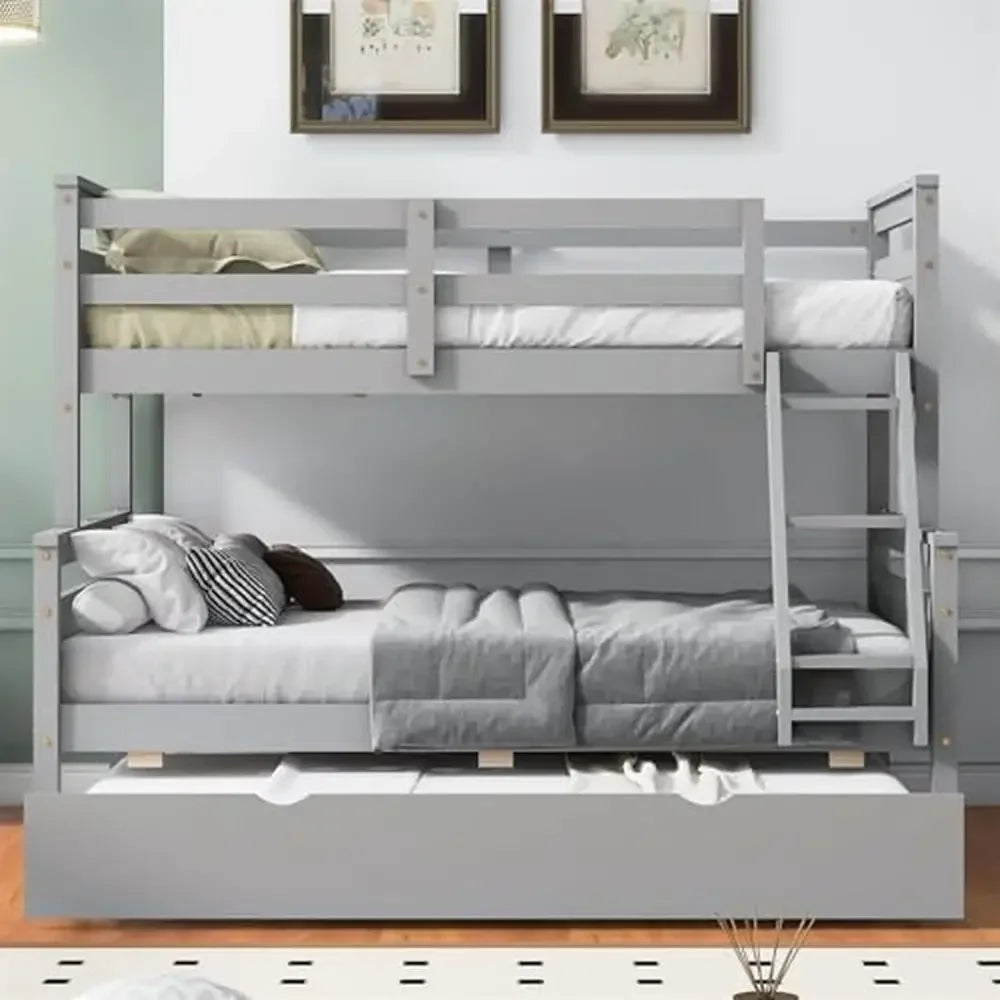 Twin Over Full Bunk Bed with Trundle Solid Wood Frame Guardrail Ladder Grey Finish Sturdy & Space Saving 78.7''L*96.5''W*62.3''H