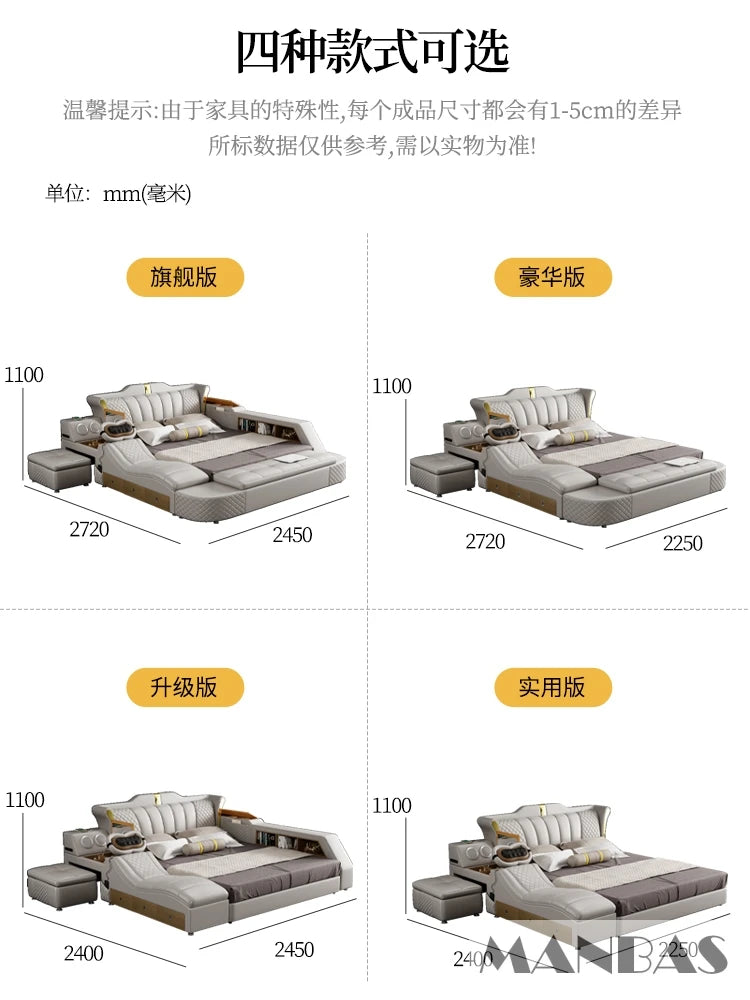 Tech Smart Bed 2 People with King Size Bed Frame Queen, Genuine Leather, Massage, USB, Bluetooth Speaker, and Safe By MINGDIBAO