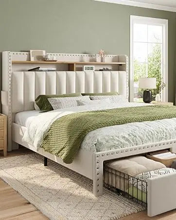 EH queen bed frame with headboard and storage space cushion, queen size bed frame with 2 drawers, noiseless box springs