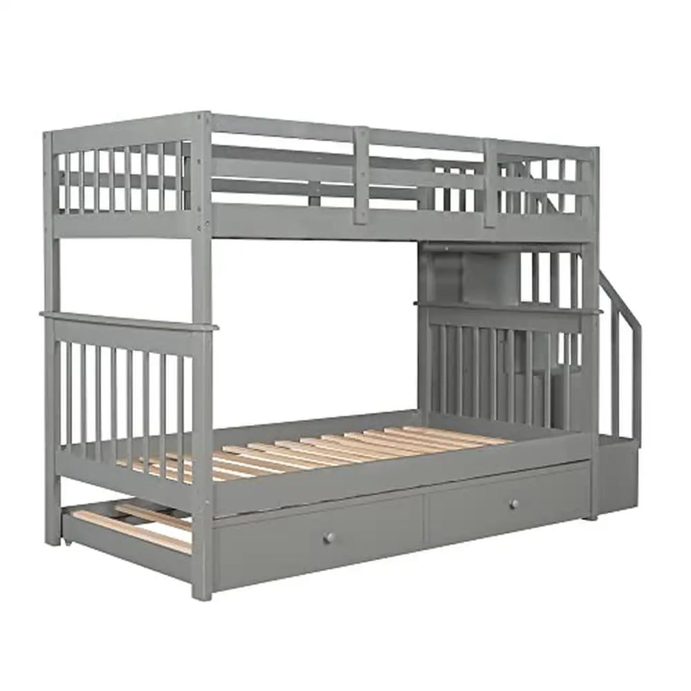 Solid Wood Twin Bunk Bed with Stairs Trundle & Storage Durable Frame Kids Teens Adults Gray Modern Country Style Twin over Twin