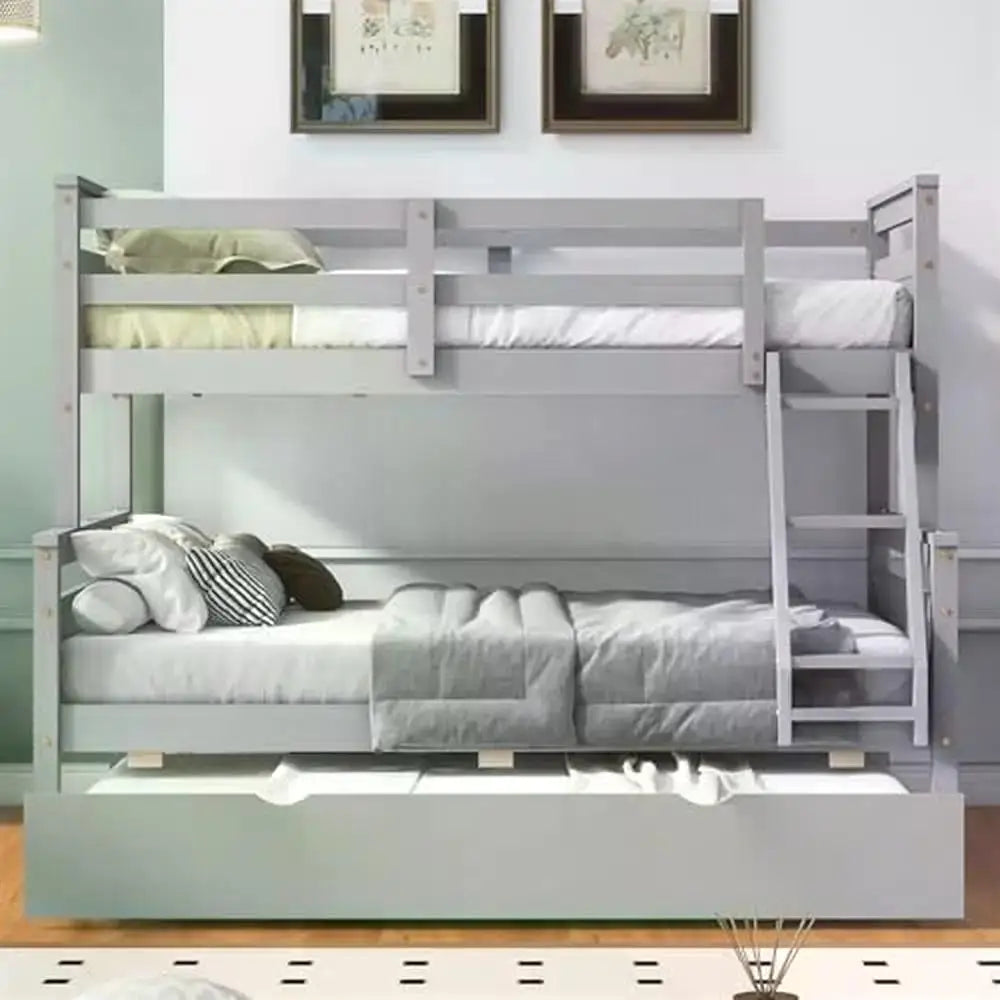 Twin Over Full Bunk Bed with Trundle Solid Wood Frame Guardrail Ladder Grey Finish Sturdy & Space Saving 78.7''L*96.5''W*62.3''H