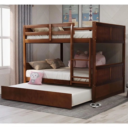 Full Over Bunk Beds, Solid Wood Bed with Trundle/Ladder/Safety Rail, for Kids Teens and Adults, Space Saving Bedroom Furniture