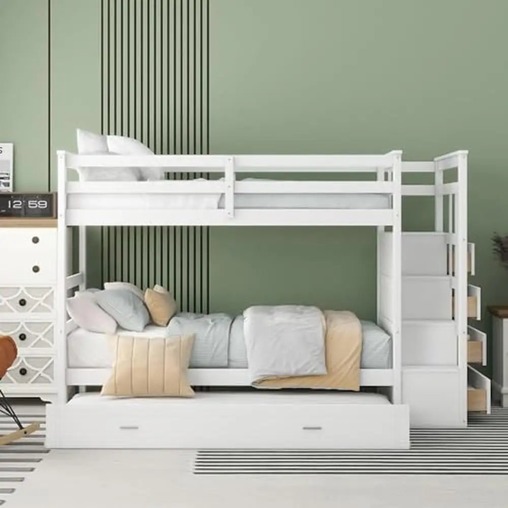 Solid Wood Twin Over Twin Bunk Bed with Trundle Storage Stairs and High Rails Kids Teens Adults Natural White 400lbs Capacity