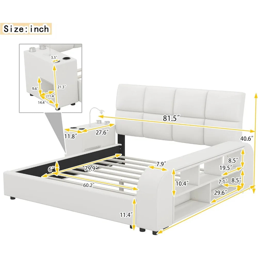 Queen Size Smart Bed Frame，Storage Shelves and Multimedia Nightstand,Upholstered Platform Bed with Headboard,Faux Leather，White