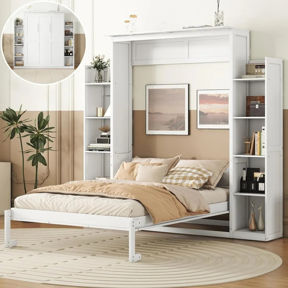 King size Murphy bed, wooden queen wall bed frame with shelves, queen size Murphy cabinet bed, suitable for home, office