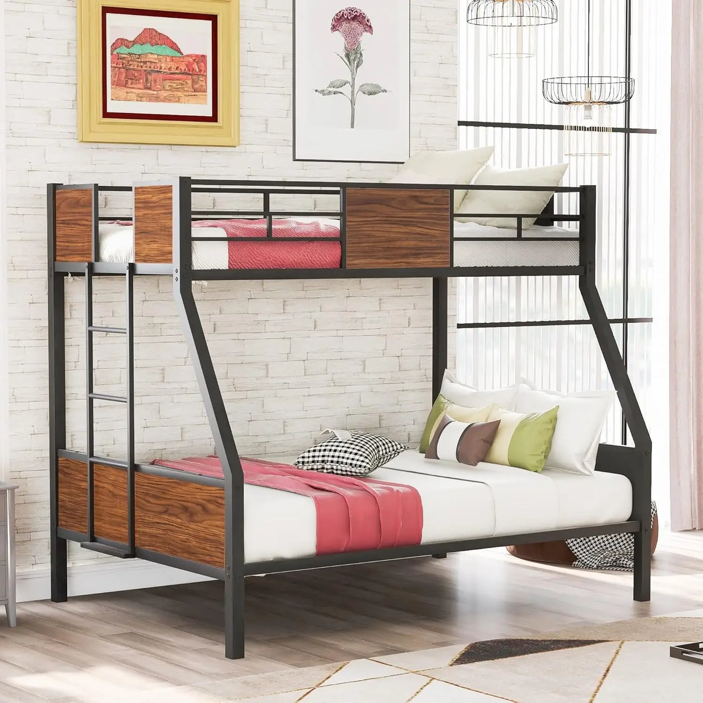 Twin Over Full Bunk Beds with Trundle, Bed Frame with Safety Rail Side Ladders for Dormitory Bedroom Boys Girls Adults, (Black)