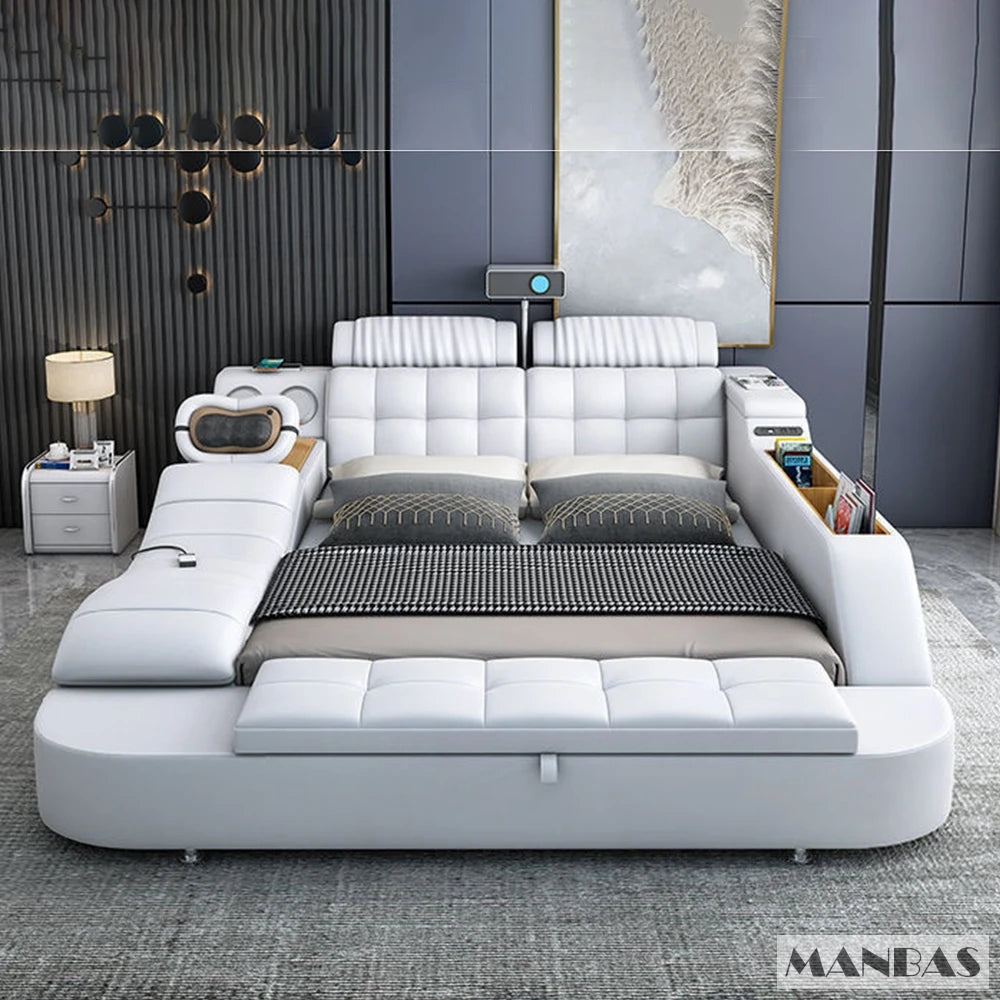 MINGDIBAO Tech Smart Genuine Leather Bed | Multifunctional Ultimate Beds | Massage Tatami Bed with Projecter | Upholstered Cama